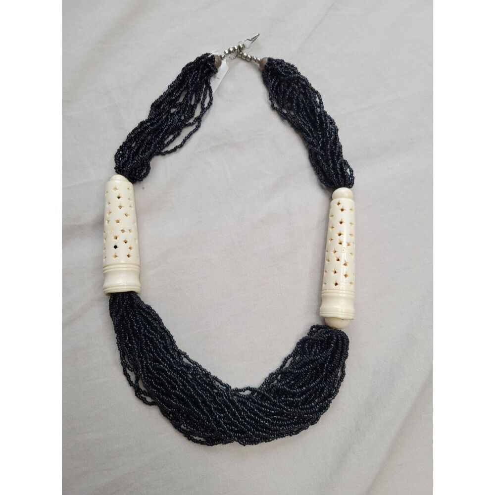 Estate Vintage Black Seed Beads Multi Strand Necklace Carved Unique